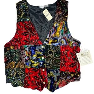 VTG Dead stock Jane Ashley Patchwork Velvet Sequin Beaded Vest M Maximalist